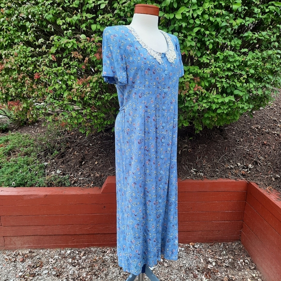 Vintage 90's Crochet Floral Button Down Midi Dress Embellished Prairie Boho - Picture 7 of 9